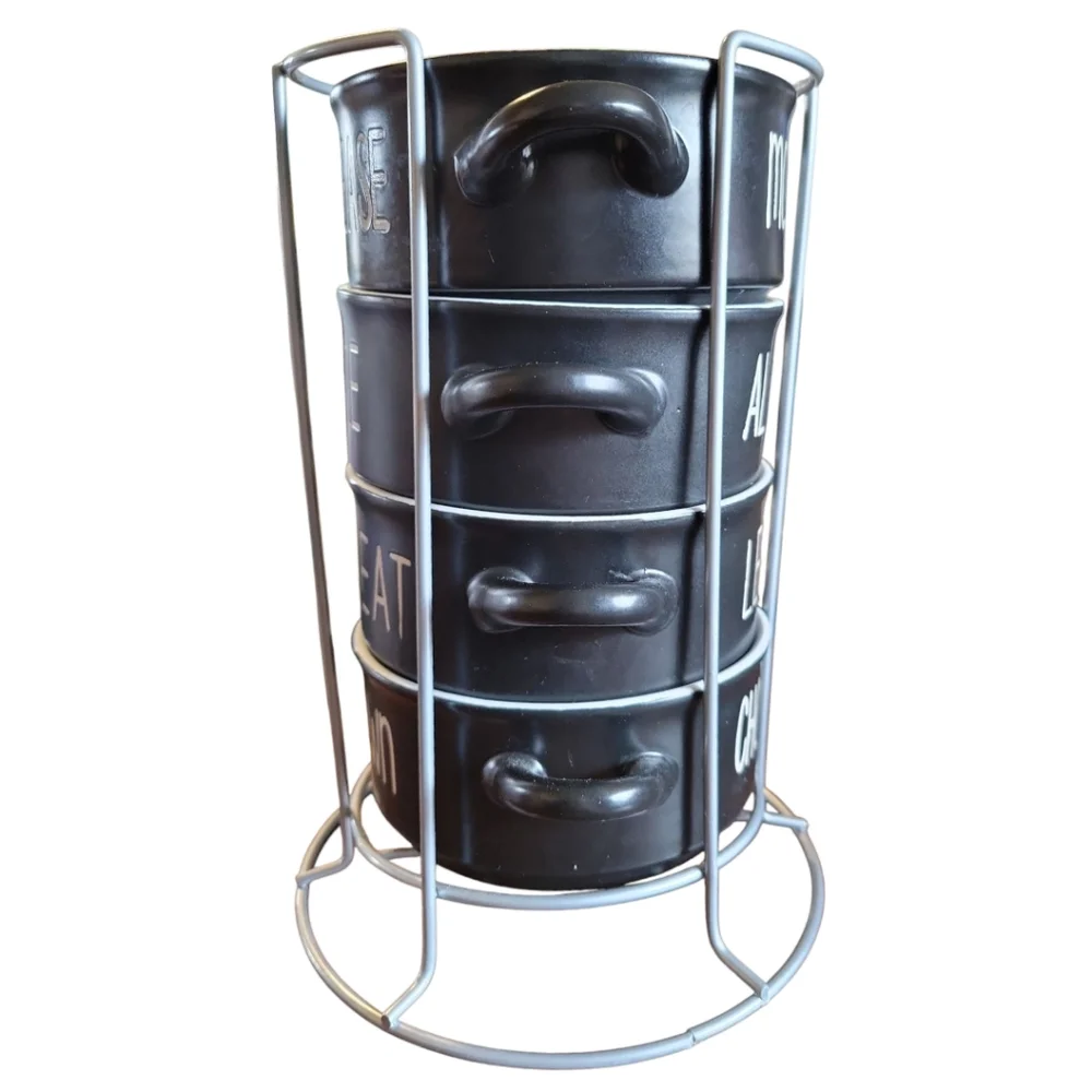 Vtg Boston Warehouse 4 Handled Black Souper Bowls White Script With Metal Rack